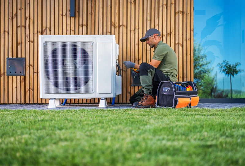 Technician repairing outdoor air conditioner unit next to modern wood siding.