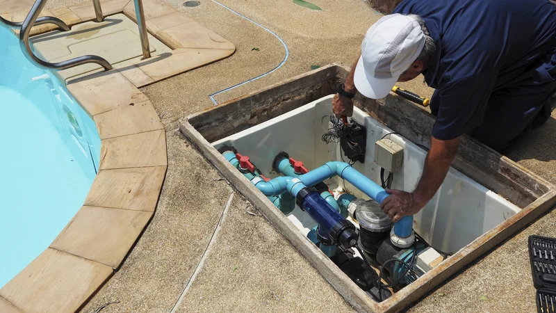 Pool maintenance professional repairing underground pipes and pump Pool maintenance professional repairing underground pipes and pump