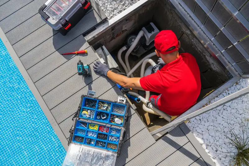 Technician repairing a swimming pool filtration system pump in an underground hatch. Technician repairing a swimming pool filtration system pump in an underground hatch.