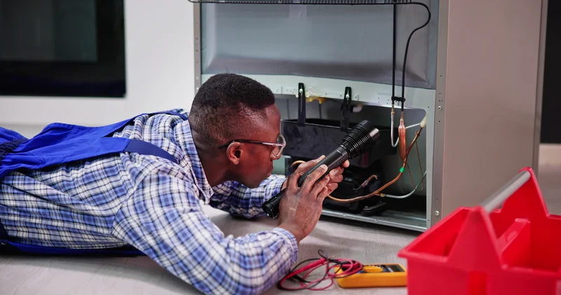 Appliance repair technician inspecting the back of a refrigerator with a flashlight. Appliance repair technician inspecting the back of a refrigerator with a flashlight.