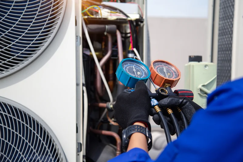 HVAC technician using manifold pressure gauge set to check refrigerant levels. HVAC technician using manifold pressure gauge set to check refrigerant levels.