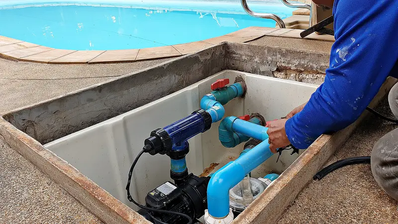 Plumber repairing PVC pipes for swimming pool filtration system Plumber repairing PVC pipes for swimming pool filtration system