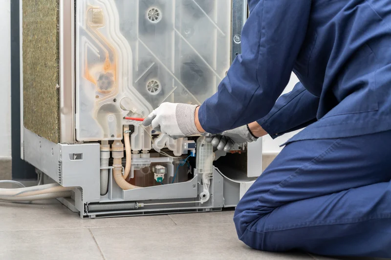 Close-up of repairman fixing the internal water system of a dishwasher.