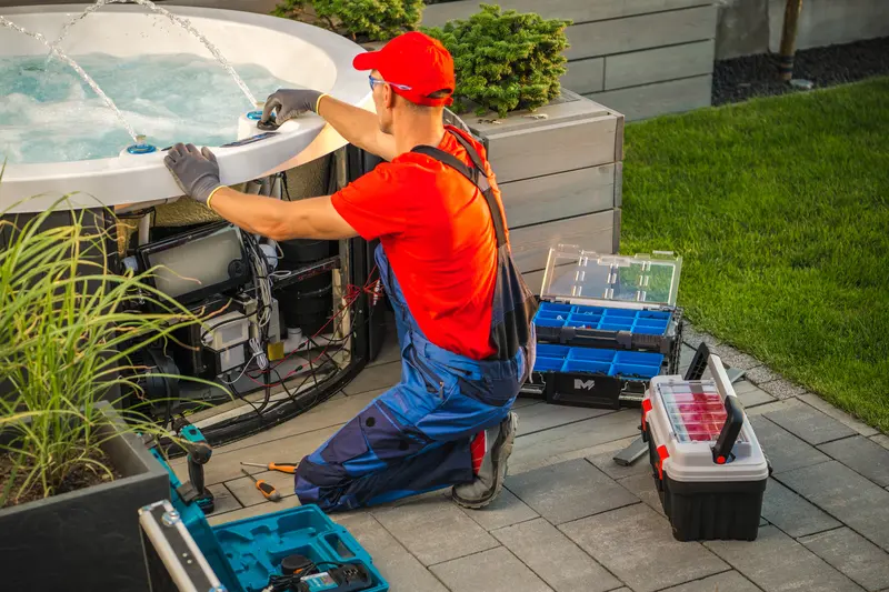 Technician repairing the electrical components of an outdoor spa hot tub.