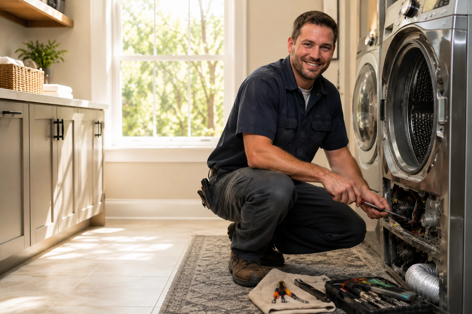 Technician repairing a front load washing machine in a modern laundry room Technician repairing a front load washing machine in a modern laundry room