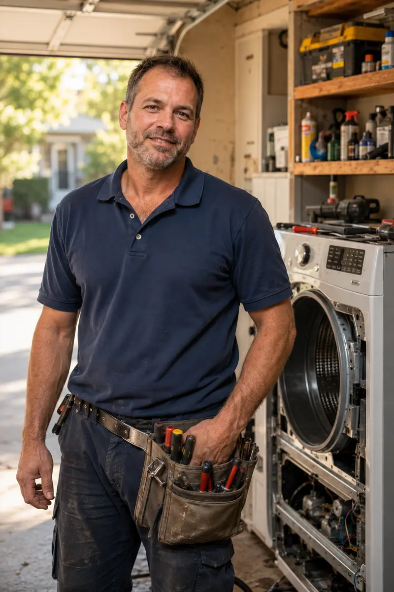 Technician in kitchen repairing open dishwasher near washing machine.